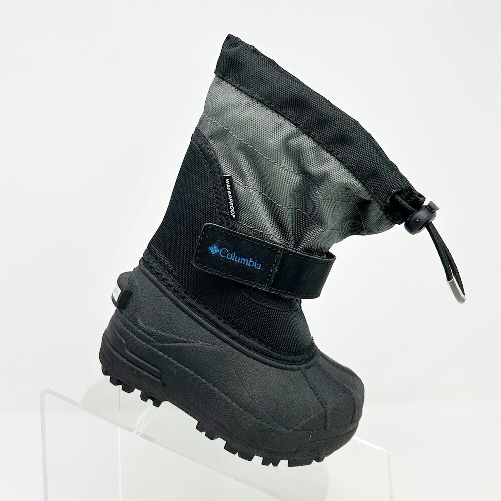Columbia Powderbug Plus II Kids Winter Snow Boots Black Gray Waterproof Size 7